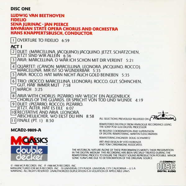 Ludwig van Beethoven - Hans Knappertsbusch, Bayerisches Staatsorchester, Sena Jurinac, Jan Peerce - Fidelio | Complete / Gesamtaufnahme (2xCD, Album, Mono, RE, RM) (Near Mint (NM or M-)) - Image 2