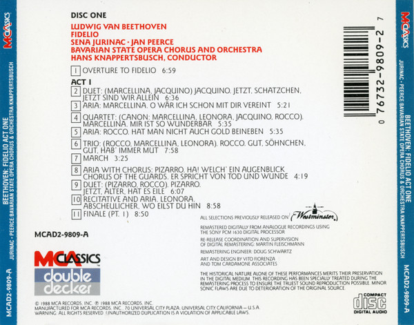 Ludwig van Beethoven - Hans Knappertsbusch, Bayerisches Staatsorchester, Sena Jurinac, Jan Peerce - Fidelio | Complete / Gesamtaufnahme (2xCD, Album, Mono, RE, RM) (Near Mint (NM or M-)) - Image 3