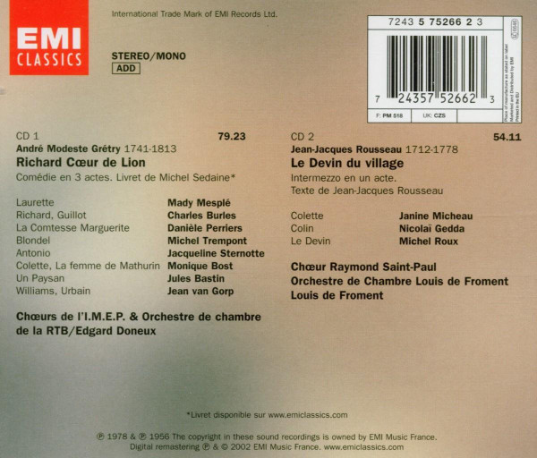 André-Modeste Gretry - Mady Mesplé, Charles Burles, Michel Trempont, Orchestre De Chambre RTBF/BRT, Edgar Doneux / Jean-Jacques Rousseau - Janine Micheau, Nicolai Gedda, Michel Roux, Orchestre De Chambre Louis De Froment, Louis De Froment - Richard Cœur De Lion / Le Devin Du Village (2xCD, Comp, Mono, RM) (Near Mint (NM or M-)) - Image 2