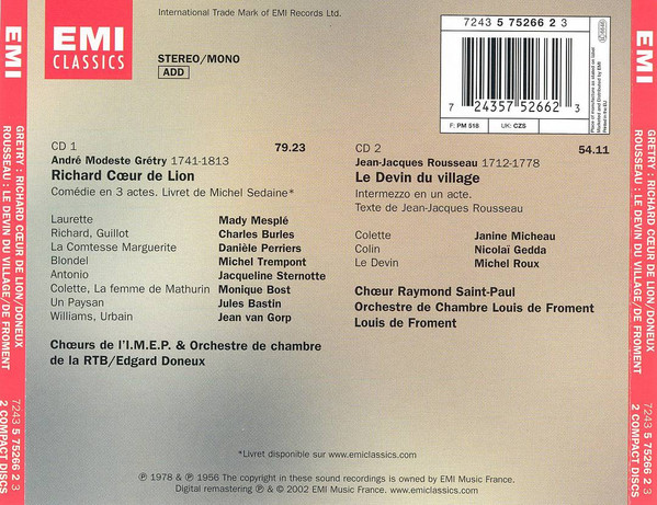 André-Modeste Gretry - Mady Mesplé, Charles Burles, Michel Trempont, Orchestre De Chambre RTBF/BRT, Edgar Doneux / Jean-Jacques Rousseau - Janine Micheau, Nicolai Gedda, Michel Roux, Orchestre De Chambre Louis De Froment, Louis De Froment - Richard Cœur De Lion / Le Devin Du Village (2xCD, Comp, Mono, RM) (Near Mint (NM or M-)) - Image 3