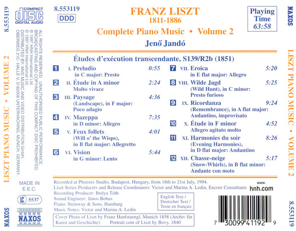 Franz Liszt - Jenö Jandó - Complete Piano Music • Volume 2 - Etudes D'Exécution Transcendante (Transcendental Studies) 1851 Version (CD, Album) (Near Mint (NM or M-)) - Image 2