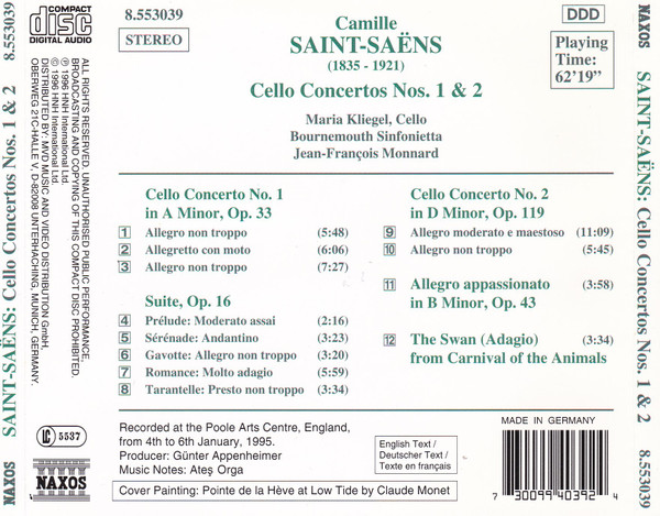 Camille Saint-Saëns, Maria Kliegel, Bournemouth Sinfonietta, Jean-François Monnard - Cello Concertos Nos. 1 And 2 • Suite, Op. 16 • Allegro Appassionato • The Swan (CD, Album) (Near Mint (NM or M-)) - Image 2