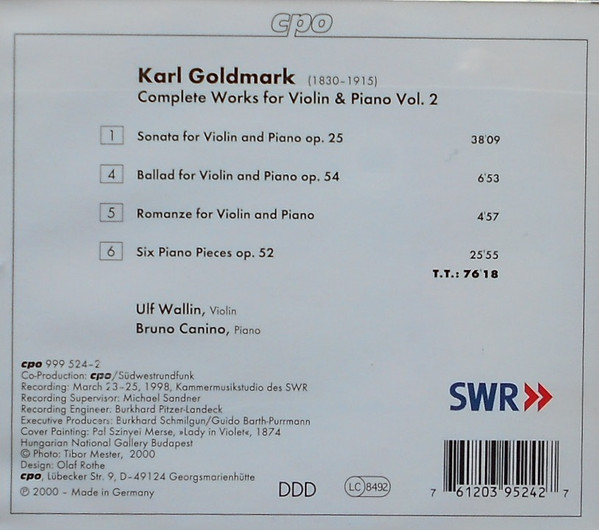 Karl Goldmark - Ulf Wallin · Bruno Canino - Complete Works For Violin & Piano 2 (CD, Album) (Near Mint (NM or M-)) - Image 2
