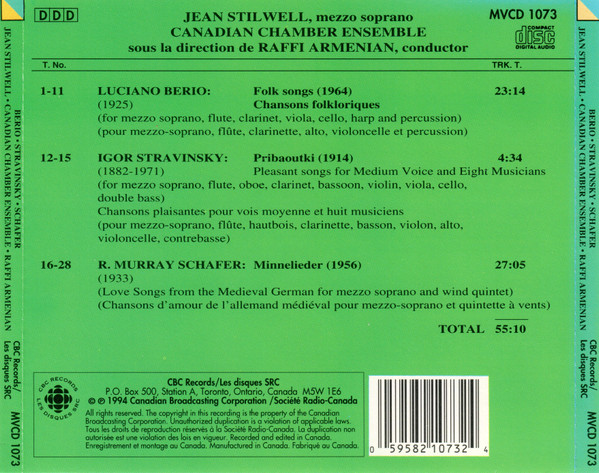 Luciano Berio, Igor Stravinsky, R. Murray Schafer - Jean Stilwell, Canadian Chamber Ensemble, Raffi Armenian - Folk Songs / Pribaoutki / Minnelieder (CD, Album) (Near Mint (NM or M-)) - Image 2
