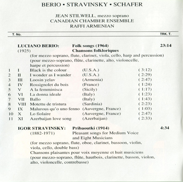 Luciano Berio, Igor Stravinsky, R. Murray Schafer - Jean Stilwell, Canadian Chamber Ensemble, Raffi Armenian - Folk Songs / Pribaoutki / Minnelieder (CD, Album) (Near Mint (NM or M-)) - Image 3