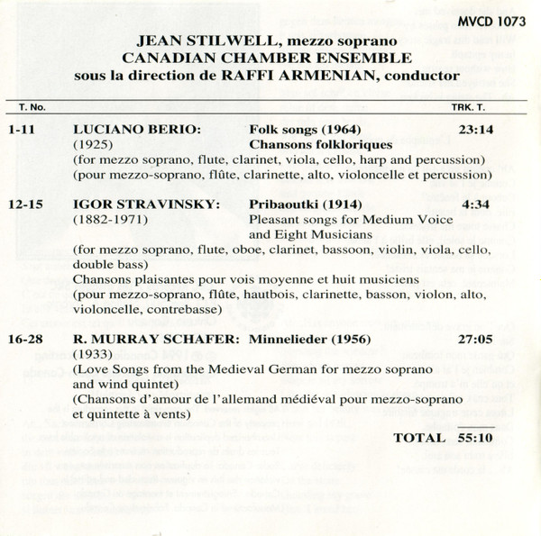 Luciano Berio, Igor Stravinsky, R. Murray Schafer - Jean Stilwell, Canadian Chamber Ensemble, Raffi Armenian - Folk Songs / Pribaoutki / Minnelieder (CD, Album) (Near Mint (NM or M-)) - Image 5