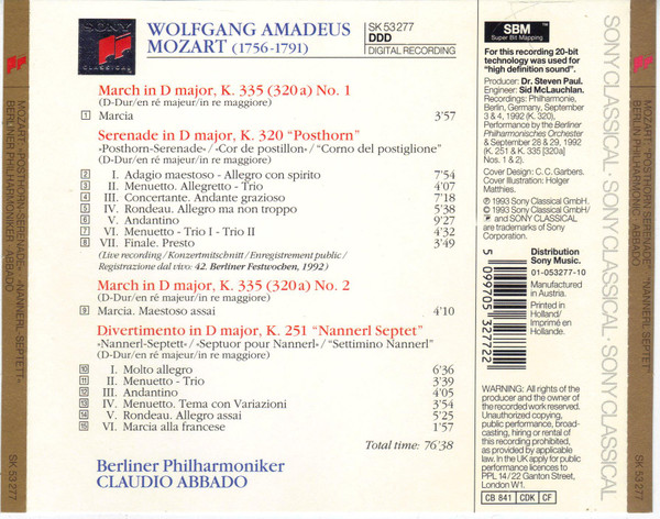 Wolfgang Amadeus Mozart / Claudio Abbado, Berliner Philharmoniker - "Posthorn" Serenade · Marches, K.335 Nos. 1 & 2 · Divertimento, K.251 "Nannerl Septet" (CD) (Near Mint (NM or M-)) - Image 2