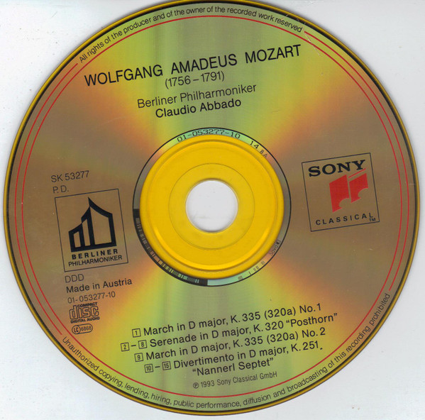 Wolfgang Amadeus Mozart / Claudio Abbado, Berliner Philharmoniker - "Posthorn" Serenade · Marches, K.335 Nos. 1 & 2 · Divertimento, K.251 "Nannerl Septet" (CD) (Near Mint (NM or M-)) - Image 3