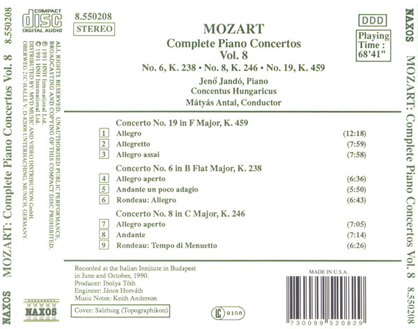 Wolfgang Amadeus Mozart - Jenö Jandó, Concentus Hungaricus, Mátyás Antal - Complete Piano Concertos Vol. 8 (CD, Album, RE) (Near Mint (NM or M-)) - Image 2