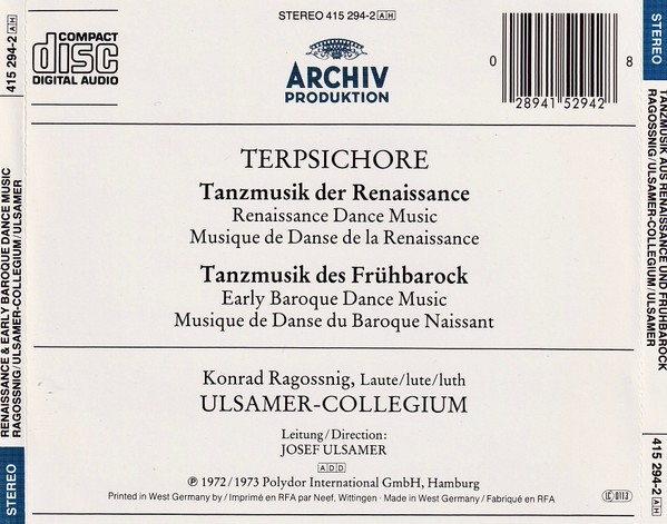 Konrad Ragossnig / Ulsamer Collegium / Josef Ulsamer - Terpischore - Tanzmusik Der Renaissance Und Des Frühbarock (CD, Comp, RE, RP) (Near Mint (NM or M-)) - Image 2