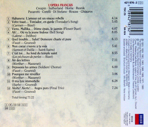 Régine Crespin, Joan Sutherland, Marilyn Horne, Regina Resnik, Luciano Pavarotti, Giuseppe di Stefano, Tom Krause, Nicolai Ghiaurov - L'opéra Français (CD, Album, Comp, RM) (Very Good Plus (VG+)) - Image 2