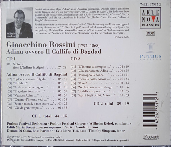 Gioacchino Rossini - Putbus Festival Orchestra, Putbus Festival Chorus, Wilhelm Keitel - Adina ovvero Il Califfo di Bagdad (2xCD, Album + Box) (Near Mint (NM or M-)) - Image 2