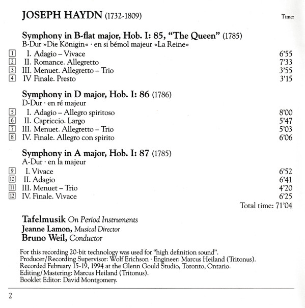 Joseph Haydn, Tafelmusik Baroque Orchestra, Bruno Weil - Paris Symphonies II - 1785-1786 - Nos. 85, 86 & 87 (CD, Album, SBM) (Near Mint (NM or M-)) - Image 4