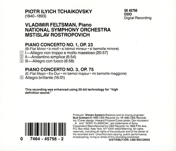 Pyotr Ilyich Tchaikovsky, Vladimir Feltsman, National Symphony Orchestra, Mstislav Rostropovich - Piano Concertos Nos. 1 & 3 (CD, Album) (Near Mint (NM or M-)) - Image 2