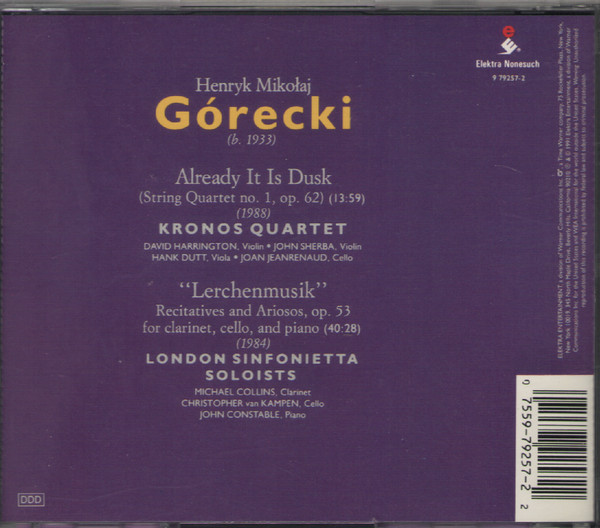 Henryk Górecki - Kronos Quartet / London Sinfonietta - Already It Is Dusk / Lerchenmusik (CD, Album) (Near Mint (NM or M-)) - Image 2