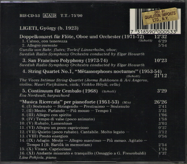 György Ligeti - Double Concerto For Flute & Oboe * San Francisco Polyphony * String Quartet No.1 * Continuum * Musica Ricercata (CD) (Near Mint (NM or M-)) - Image 2