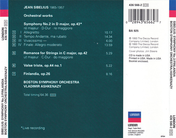 Jean Sibelius, Vladimir Ashkenazy, Boston Symphony Orchestra - Finlandia, Valse Triste, Romance, Symphony No.2 (CD, Album, RE) (Near Mint (NM or M-)) - Image 2