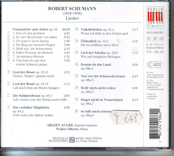 Arleen Auger / Walter Olbertz - Robert Schumann - Frauenliebe Und Leben Op.42 / Lieder (CD, Album) (Near Mint (NM or M-)) - Image 2