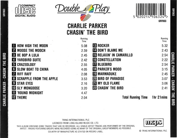 Charlie Parker - Chasin' The Bird (CD, Comp) (Near Mint (NM or M-)) - Image 2