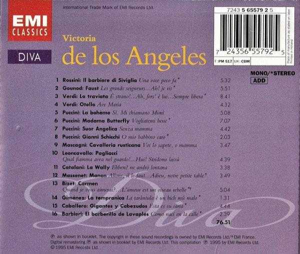 Victoria De Los Angeles – Gioacchino Rossini • Charles Gounod • Giuseppe Verdi • Giacomo Puccini • Pietro Mascagni • Ruggiero Leoncavallo • Alfredo Catalani • Jules Massenet • Georges Bizet • Gerónimo Giménez • Manuel Fernández Caballero • Francisco Asenj - Diva (CD, Comp, Mono, RM) (Near Mint (NM or M-)) - Image 3