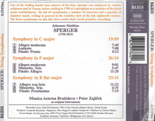 Johannes Matthias Sperger - Musica Aeterna, Peter Zajíček - String Symphonies (CD) (Near Mint (NM or M-)) - Image 4