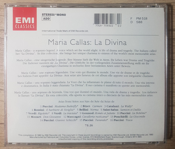 Maria Callas - La Divina (CD, Album, Comp, Mono, RE, RM) (Near Mint (NM or M-)) - Image 2