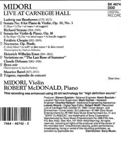 Alternative view of Midori Goto, Robert McDonald - Live At Carnegie Hall (CD, Album, Pit) (Near Mint (NM or M-))