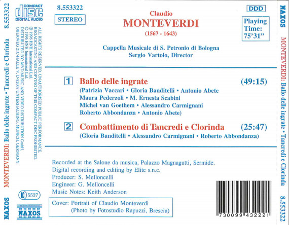 Claudio Monteverdi, Cappella Musicale Di S. Petronio Di Bologna, Sergio Vartolo - Ballo Delle Ingrate / Combattimento Di Tancredi E Clorinda (CD, Album) (Near Mint (NM or M-)) - Image 2