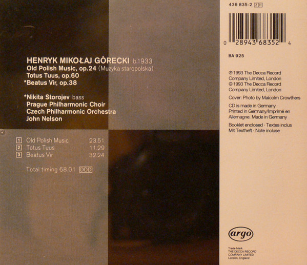Henryk Górecki : Nikita Storojev ∙ Prague Philharmonic Chorus ∙ The Czech Philharmonic Orchestra ∙ John Nelson (5) - Beatus Vir ∙ Old Polish Music ∙ Totus Tuus (CD, Album) (Near Mint (NM or M-)) - Image 2