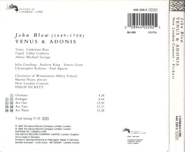 John Blow - Catherine Bott, Michael George (3), Libby Crabtree, The Choir Of Westminster Abbey, New London Consort, Philip Pickett - Venus & Adonis (CD, Album, Car) (Near Mint (NM or M-)) - Image 3