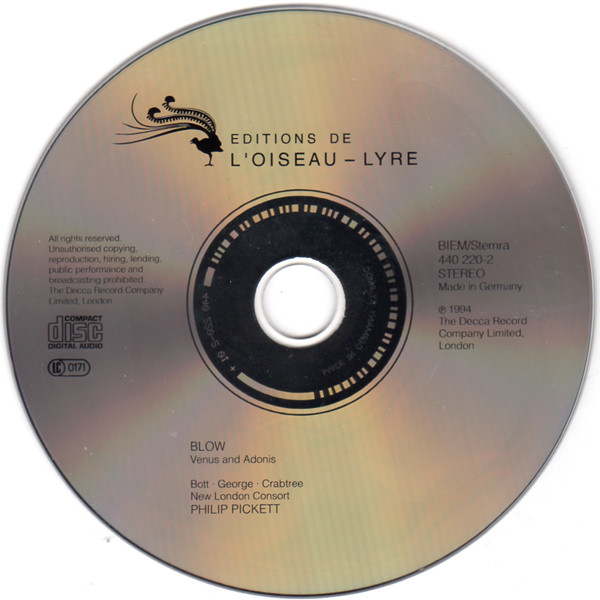 John Blow - Catherine Bott, Michael George (3), Libby Crabtree, The Choir Of Westminster Abbey, New London Consort, Philip Pickett - Venus & Adonis (CD, Album, Car) (Near Mint (NM or M-)) - Image 4