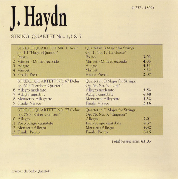 Joseph Haydn, Caspar da Salo Quartet - String Quartets No. 1, 3 & 5 (CD, Album) (Near Mint (NM or M-)) - Image 2