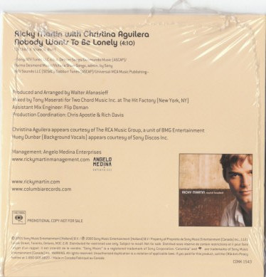 Ricky Martin With Christina Aguilera - Nobody Wants To Be Lonely (CD, Single, Promo) (Near Mint (NM or M-)) - Image 2