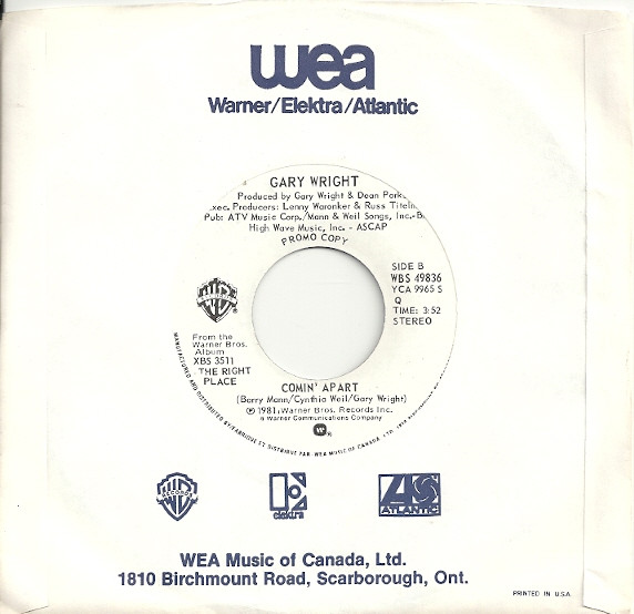 Gary Wright - Heartbeat / Comin' Apart (7", Single, Promo) (Near Mint (NM or M-)) - Image 2