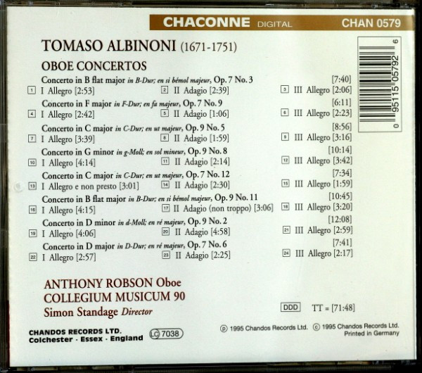Tomaso Albinoni, Simon Standage, Collegium Musicum 90, Anthony Robson - Complete Oboe Concertos (CD, Album) (Near Mint (NM or M-)) - Image 2