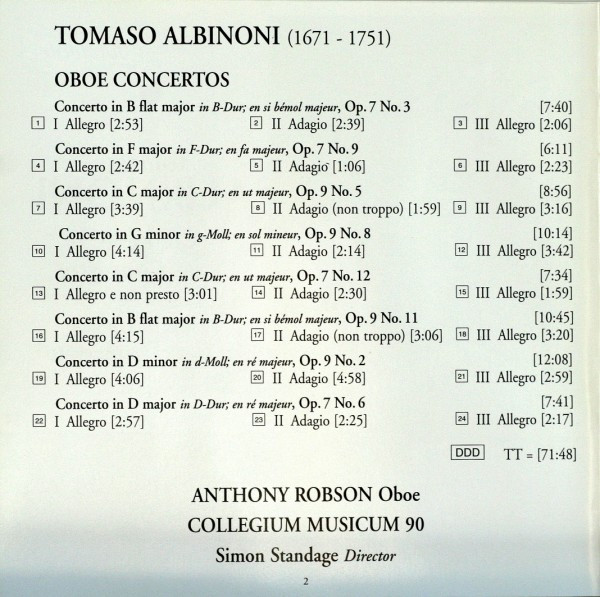 Tomaso Albinoni, Simon Standage, Collegium Musicum 90, Anthony Robson - Complete Oboe Concertos (CD, Album) (Near Mint (NM or M-)) - Image 4