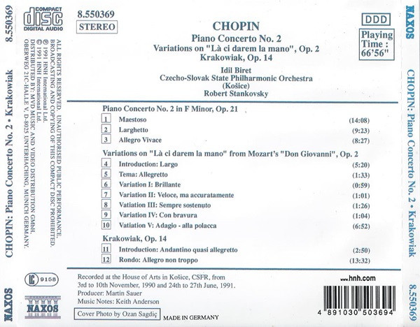 Frédéric Chopin, Idil Biret, Slovak State Philharmonic Orchestra, Košice, Robert Stankovsky - Piano Concerto No. 2 / Variations On "Là Ci Darem La Mano", Op. 2 / Krakowiak, Op. 14 (CD, Album, RP) (Near Mint (NM or M-)) - Image 2
