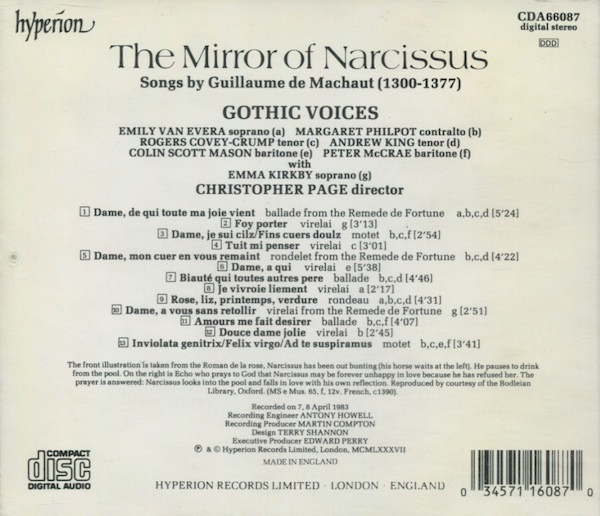 Emma Kirkby, Margaret Philpot, Rogers Covey-Crump, Gothic Voices (2), Christopher Page - The Mirror Of Narcissus (Songs By Guillaume De Machaut (1300-1377)) (CD, Album) (Near Mint (NM or M-)) - Image 2