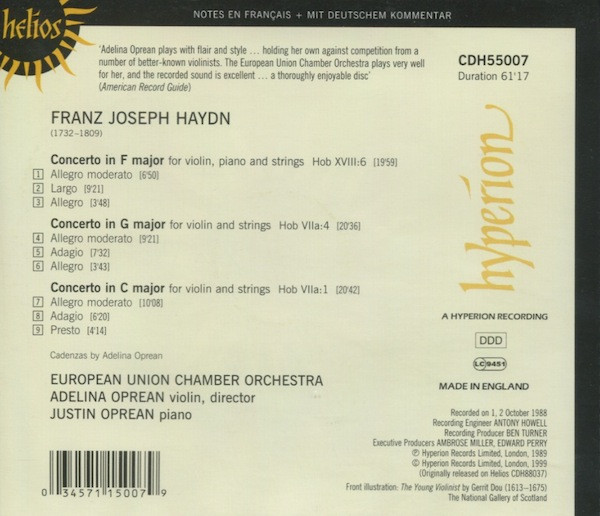 Joseph Haydn, Adelina Oprean, Justin Oprean, European Union Chamber Orchestra - Concertos (CD, Album, RE) (Near Mint (NM or M-)) - Image 2