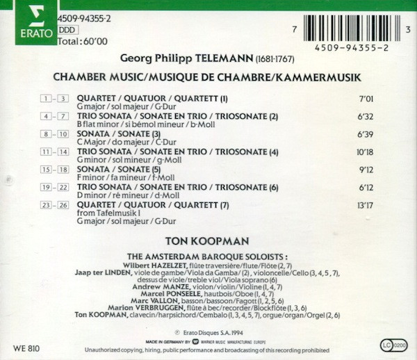 Georg Philipp Telemann, Ton Koopman, The Amsterdam Baroque Soloists - Chamber Music (CD, Album) (Near Mint (NM or M-)) - Image 2