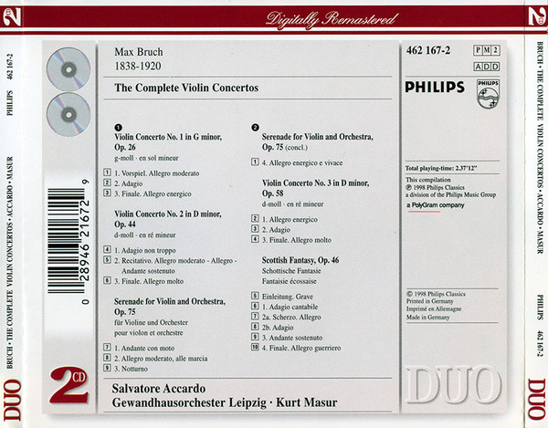 Max Bruch, Salvatore Accardo, Kurt Masur, Gewandhausorchester Leipzig - Die 3 Violinkonzerte / Schottische Fantasie (2xCD, Comp) (Near Mint (NM or M-)) - Image 2