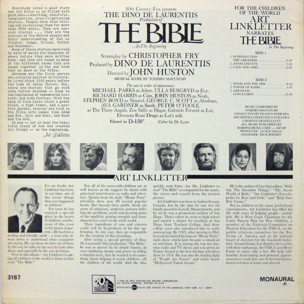 Various - For The Children Of The World Art Linkletter Narrates "The Bible" (LP, Mono) (Mint (M)) - Image 2