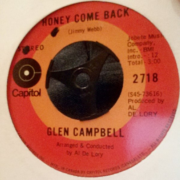 Glen Campbell - Honey Come Back (7", Single) (Very Good Plus (VG+)) - Image 3
