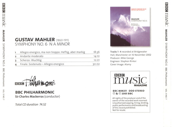 Gustav Mahler - BBC Philharmonic, Sir Charles Mackerras - Symphony No. 6 (CD) (Mint (M)) - Image 2