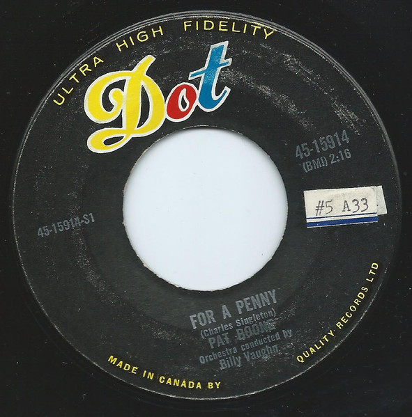 Pat Boone - For A Penny / The Wang Dang Taffy-Apple Tango (The Mambo Cha Cha Cha) (7", Single) (Near Mint (NM or M-))