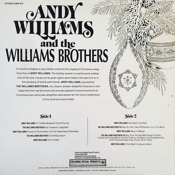 Andy Williams & The Williams Brothers (3) - Christmas With Andy Williams And The Williams Brothers (LP, Comp) (Mint (M)) - Image 2