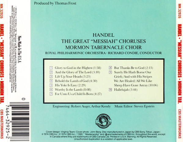 Georg Friedrich Händel, Mormon Tabernacle Choir - The Great "Messiah" Choruses (CD, Album, RE) (Near Mint (NM or M-)) - Image 2