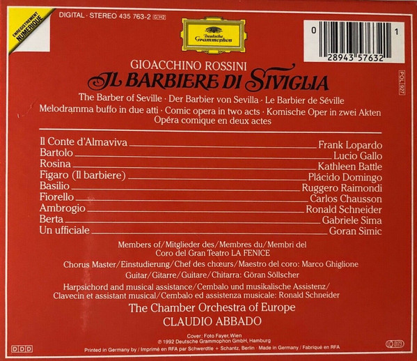 Gioacchino Rossini - Kathleen Battle, Placido Domingo, Frank Lopardo, Lucio Gallo, Ruggero Raimondi, The Chamber Orchestra Of Europe, Claudio Abbado - Il Barbiere Di Siviglia (2xCD, Album + Box, Sli) (Near Mint (NM or M-)) - Image 2