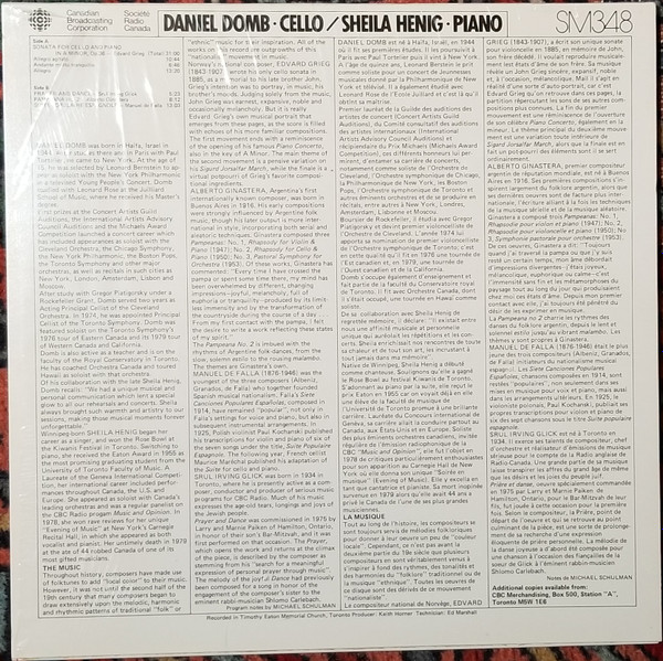 Daniel Domb, Sheila Henig - Edvard Grieg / Srul Irving Glick / Alberto Ginastera / Manuel de Falla - Sonata For Cello And Piano In A Minor, Op. 36 / Prayer And Dance / Pampeana No. 2 / Suite Populaire Espagnole (LP) (Mint (M)) - Image 2