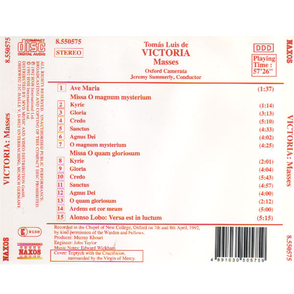 Tomás Luis De Victoria / Alonso Lobo - Oxford Camerata / Jeremy Summerly - Masses (CD, Album) (Near Mint (NM or M-)) - Image 2